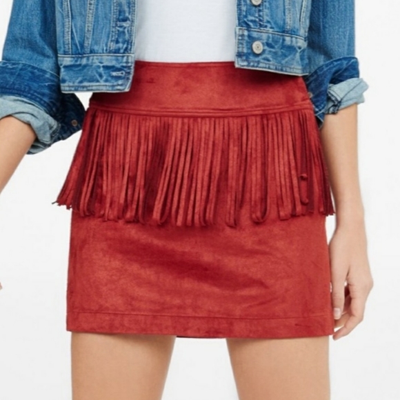 Express Rust Microsuede Boho, Western Fringed Side Zip Mini Skirt - Picture 4 of 8